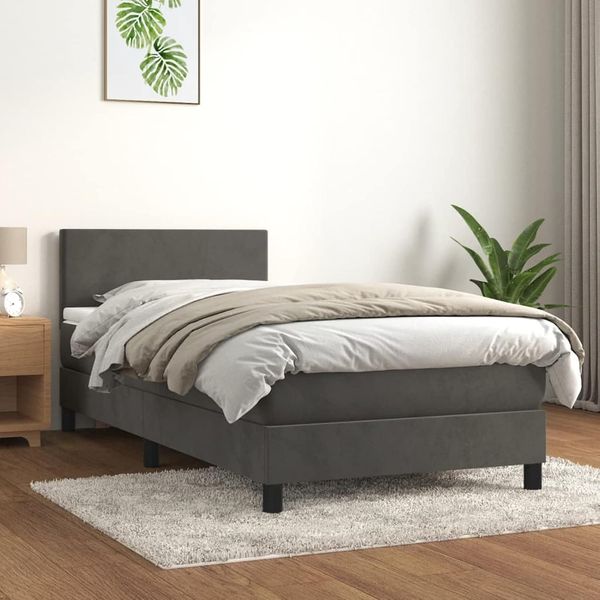Dunkelgraues gepolstertes Boxspring-Einzelbett mit Kopfteil, Lattenrost und Matratze, modernes Schlafmoebel 90 x 200 cm