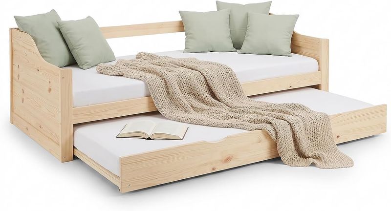 Praktisches Kinderbett mit ausziehbarem Gaestebett, komplett ausgestattet mit zwei Matratzen und stabilem Lattenrost 90 x 200 cm