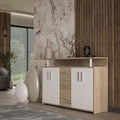 Modernes Wohn-Sideboard in Weiss-Sonoma-Eiche Optik, mit Aufsatzablage, vier Tueren und drei Schubladen aus Holzwerkstoff 132 x 88,5 x 34,8 cm