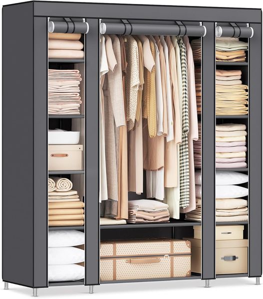 Stabiler grauer Stoffkleiderschrank mit Kleiderstange und mehreren Ablageflaechen, praktischer Ankleide- und Schlafzimmerschrank 150 x 45 x 175 cm