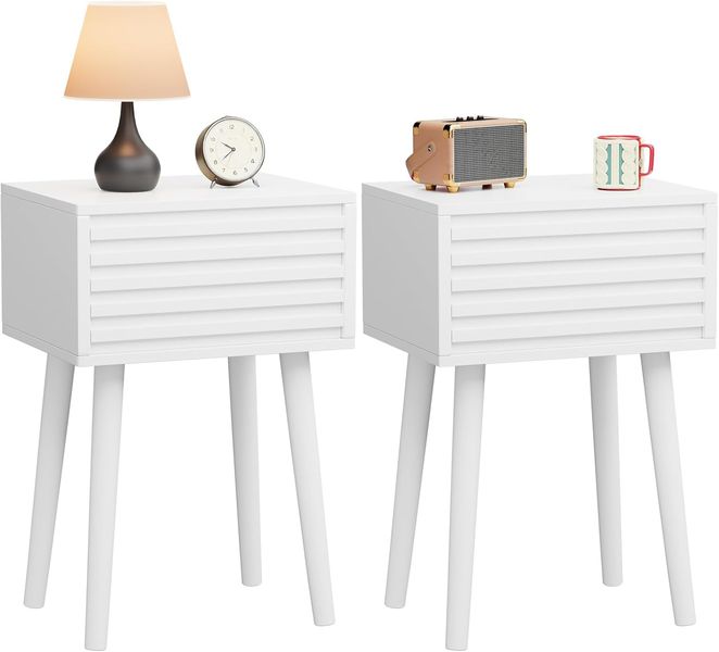Zweier Set mid-century modern Nachttische in Weiss, mit Druckoeffnungsfunktion und Massivholzbeinen, vielseitige Beistelltische 35 x 27 x 53 cm