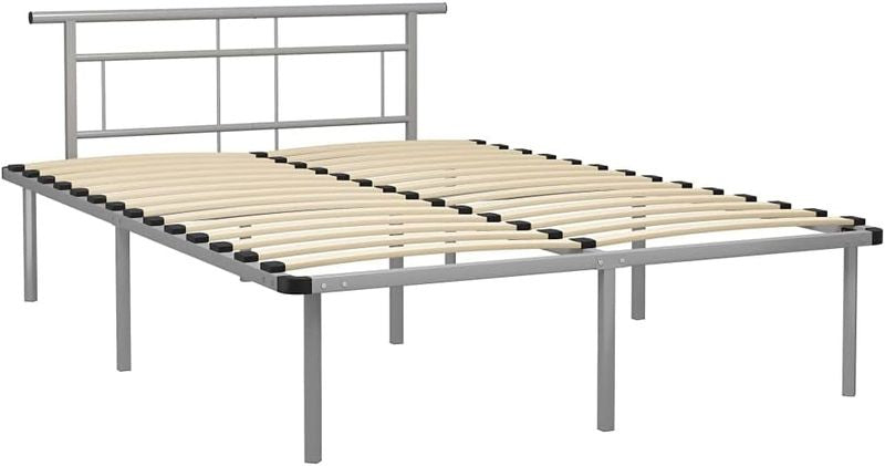 Graues Metall-Doppelbett mit stabilem Lattenrost, robuster Bettrahmen fuer Schlafzimmer im Mass 140 x 200 cm