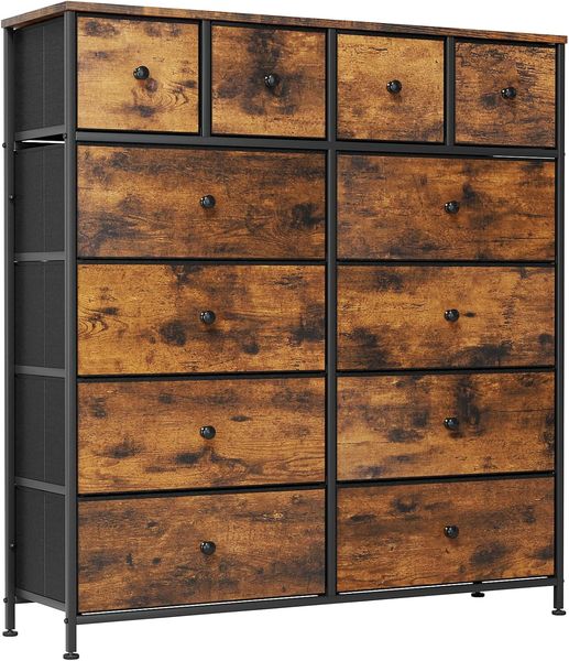 Industrieller Stil Aufbewahrungskommode mit zwoelf Stoffschubladen und stabilem Metallrahmen, retro braun-schwarzes Moebel fuer alle Wohnbereiche