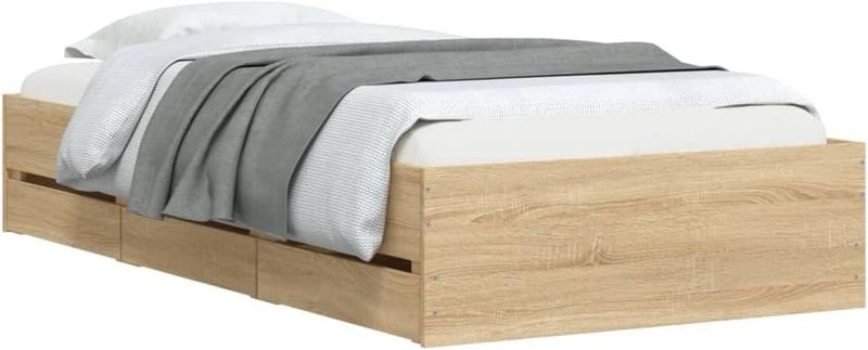 Einzel-Gaestebett in Sonoma-Eiche Optik aus Holzwerkstoff, Bettrahmen mit Lattenrost und praktischen Aufbewahrungsschubladen 100 x 200 cm