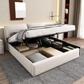 Beiges Samtpolster-Doppelbett mit Kopfteil, Lattenrost, hydraulischem Bettkasten und drei Zusatzschubladen, stauraumstarkes Bett ohne Matratze 180 x 200 cm