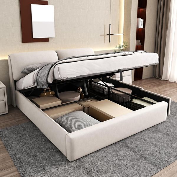 Beiges Samtpolster-Doppelbett mit Kopfteil, Lattenrost, hydraulischem Bettkasten und drei Zusatzschubladen, stauraumstarkes Bett ohne Matratze 180 x 200 cm