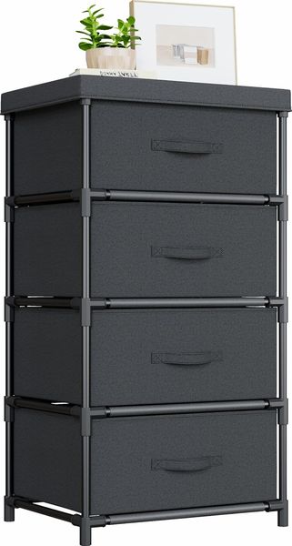 Schwarze multifunktionale Stoffkommode mit vier Stauraumschubladen, platzsparendes Aufbewahrungsmoebel fuer Buero und Wohnraeume