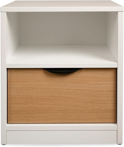 Skandinavischer Nachttisch in Weiss-Eiche Optik, mit Einzelschublade und offenem Stauraumfach 51 x 42,5 x 40 cm