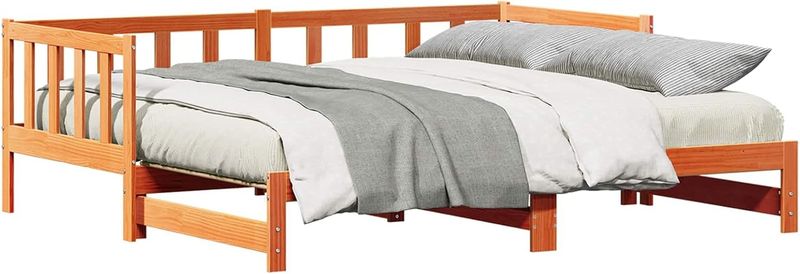 Vielseitiges wachsbraunes Tagesbett mit ausziehbarem Gaestebett, stabiler rechteckiger Holzrahmen fuer flexible Schlafmoeglichkeiten 203,5 x 184 x 66 cm
